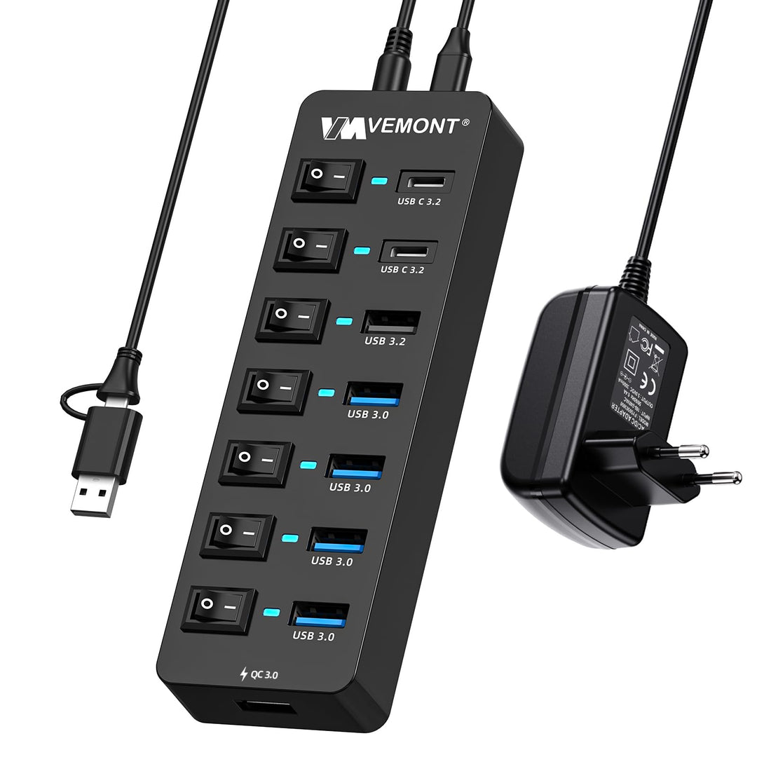 USB 3.2 Hub mit Netzteil, VEMONT 8-Port USB C Hub mit 10Gbps Port &amp; 12V/4A Schwarz 8 Ein Netzteil +