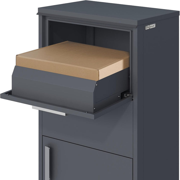 Zelsius Briefkasten mit Paketfach Jupiter | pulverbeschichteter Stahl mit Edelstahl Elementen | RAL7
