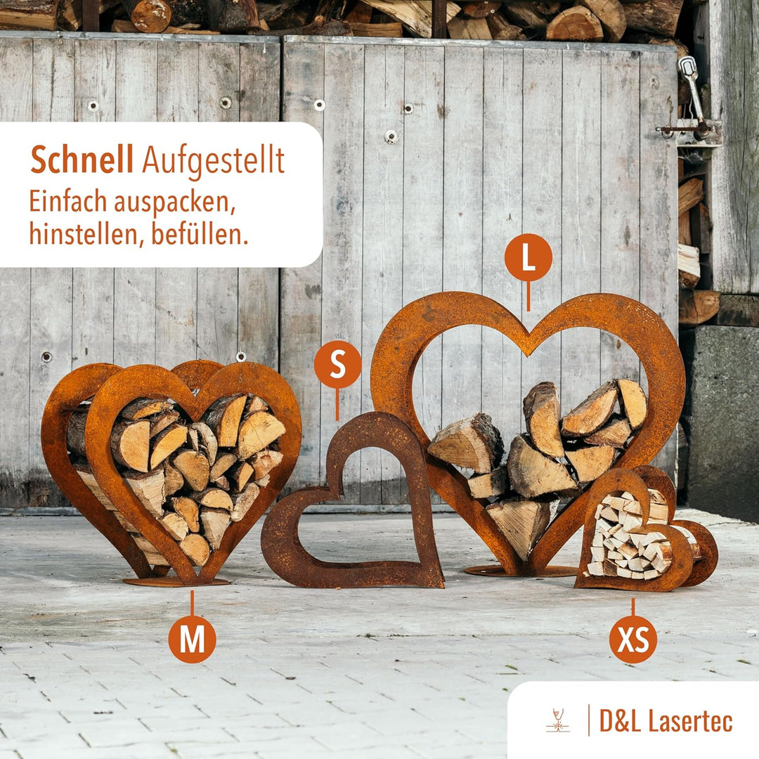 D&amp;L Lasertec Herz aus Metall, Holz Regal, Rost, Edelrost, Holzregal Garten, Terrasse - Deko L+XS