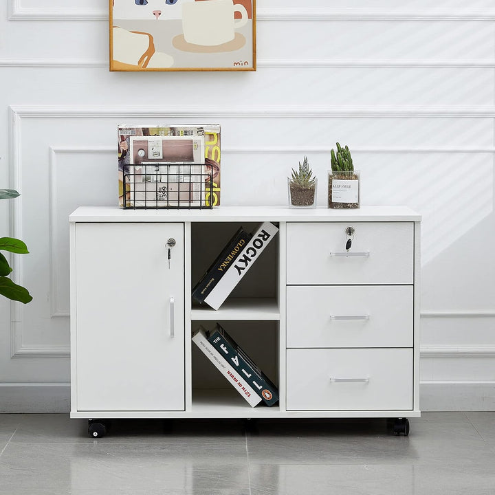 CLIPOP Mobiler Büro-Aktenschrank,3 Schubladen Abschliessbar Seitlicher Aktenschrank mit offenen Lage