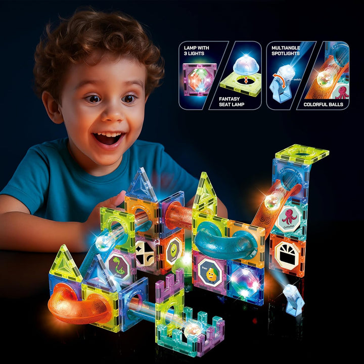 CELMAN Magnetspiel 75 Teile - Magnetbausteine Kinder mit Kugelbahn &amp; LED Licht - Magnetische Murmelb