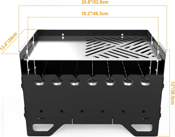 Onlyfire Mobiler Mangal Kohlegrill | Schaschlik Grill mit Plancha Grillplatte &amp; 7 Spiesse, 2 in 1 Tr