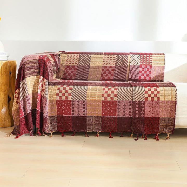 HOORDRY Chenille Gewebte Decke,Patchwork Doppelseitig Überwurf Rot 220 x 260 cm, Rot 220 x 260 cm
