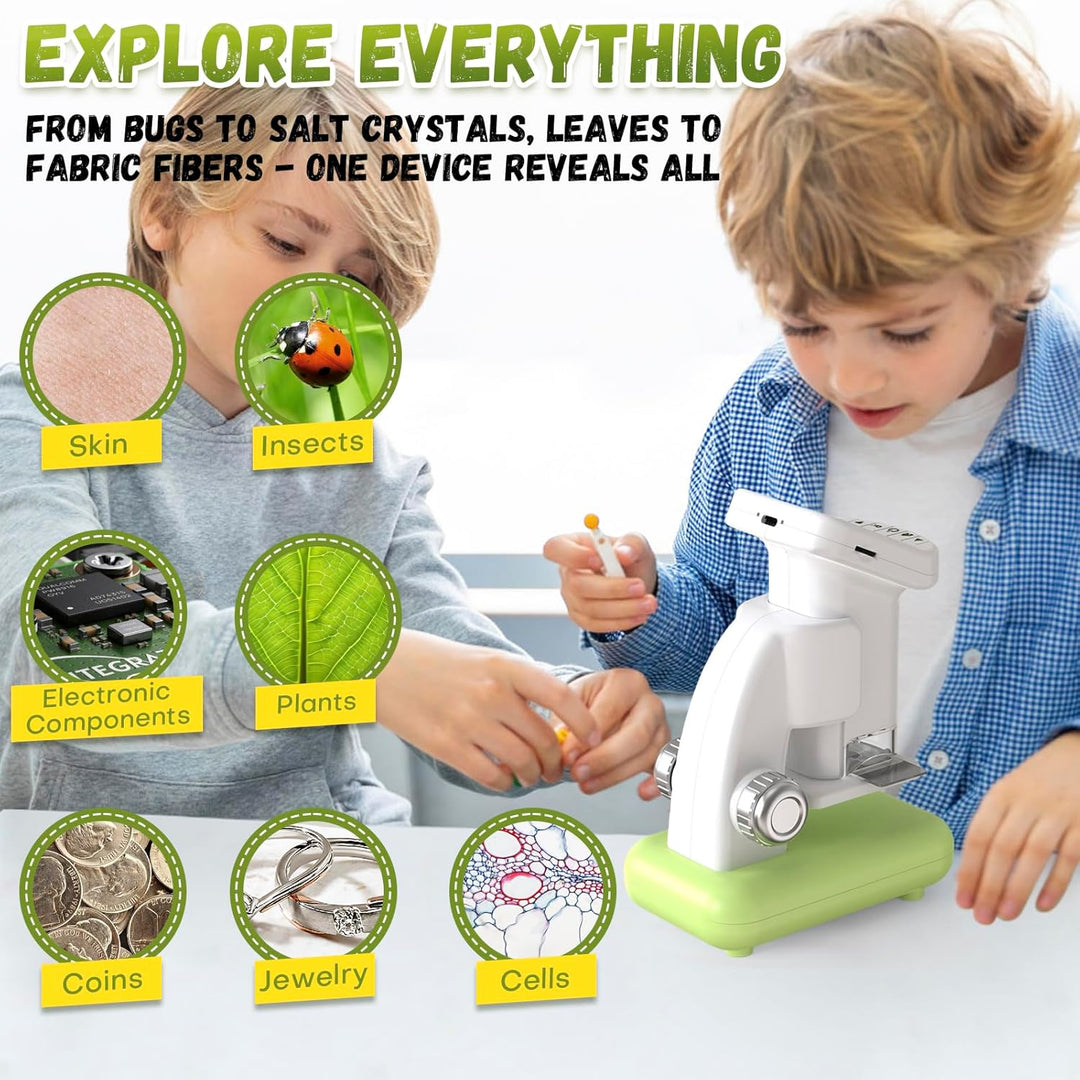 Bostar Mikroskop für Kinder 120-1200X mit Ständer/38 Sammelkarten/5 Folien, 2-in-1 2,0" IPS Bildschi