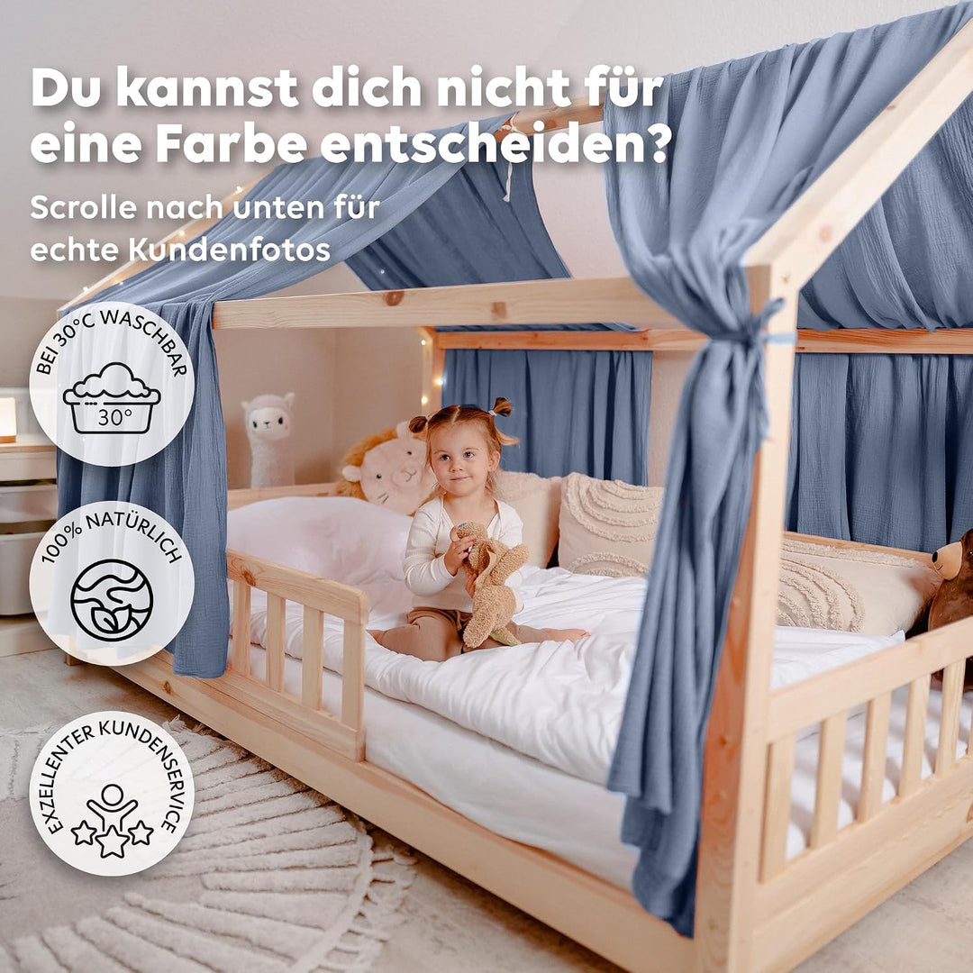 Hausbett Himmel [in 12 Farben] Betthimmel Hausbett aus 100% Baumwolle Musselin - Stoffhimmel für Hau