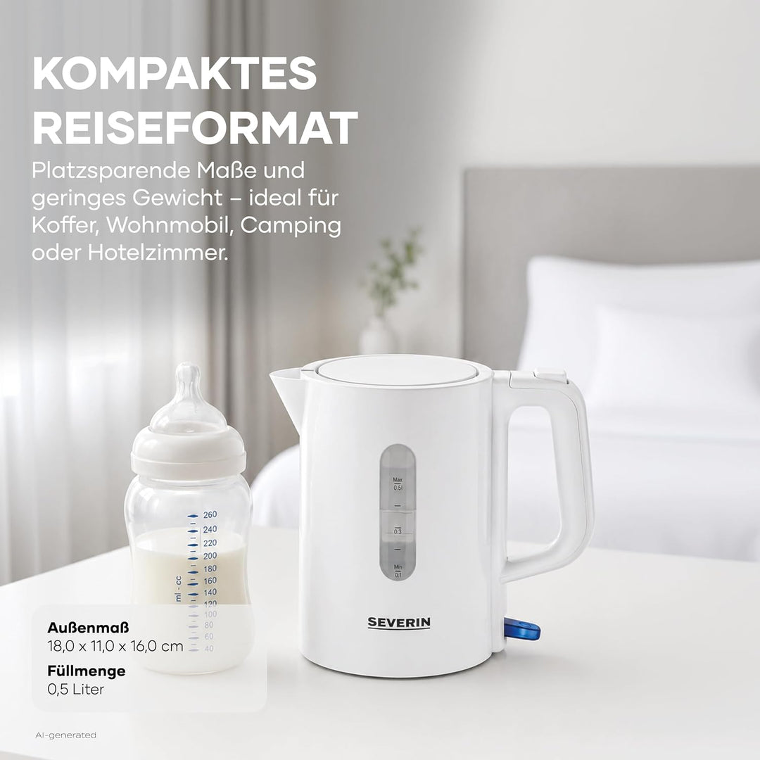 SEVERIN Reise-Wasserkocher-Set, Reisewasserkocher für 0,5 l mit umschaltbarer Spannung (115/230 V),