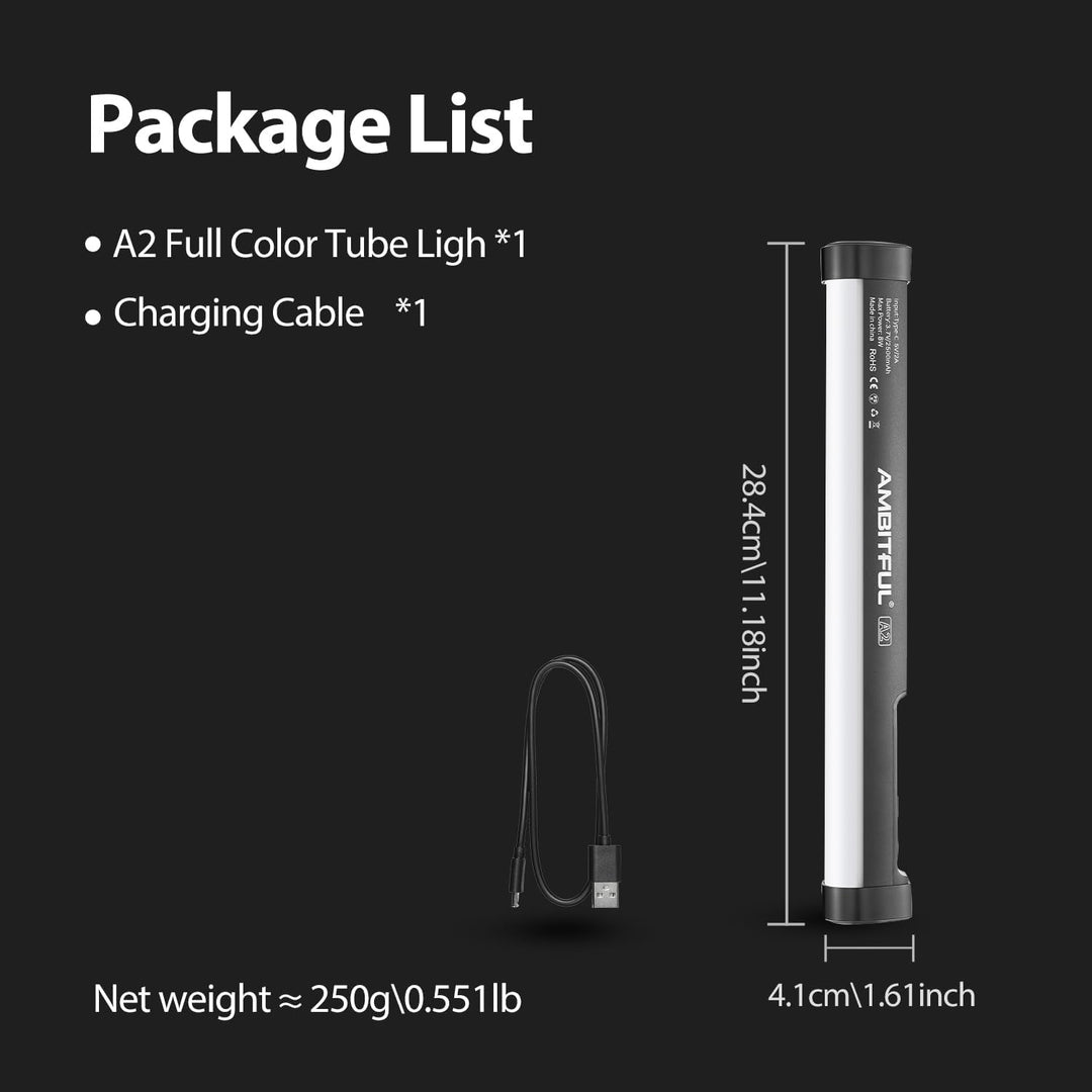AMBITFUL A2 Vollfarbiges RGB-Röhrenlicht, CRI 95 TLCI 97 Genaue Farbe, 2500K-8500K einstellbar, RGB