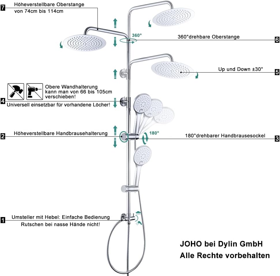 JOHO Edelstahl Duschset ohne Armatur, chrom Duschsystem, Regendusche set, Überkopfbrause set, Duschg