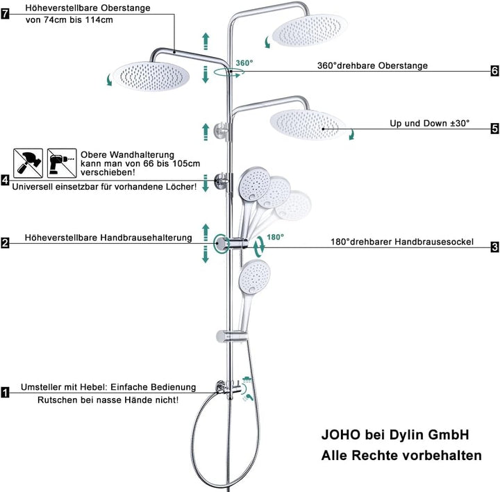 JOHO Edelstahl Duschset ohne Armatur, chrom Duschsystem, Regendusche set, Überkopfbrause set, Duschg
