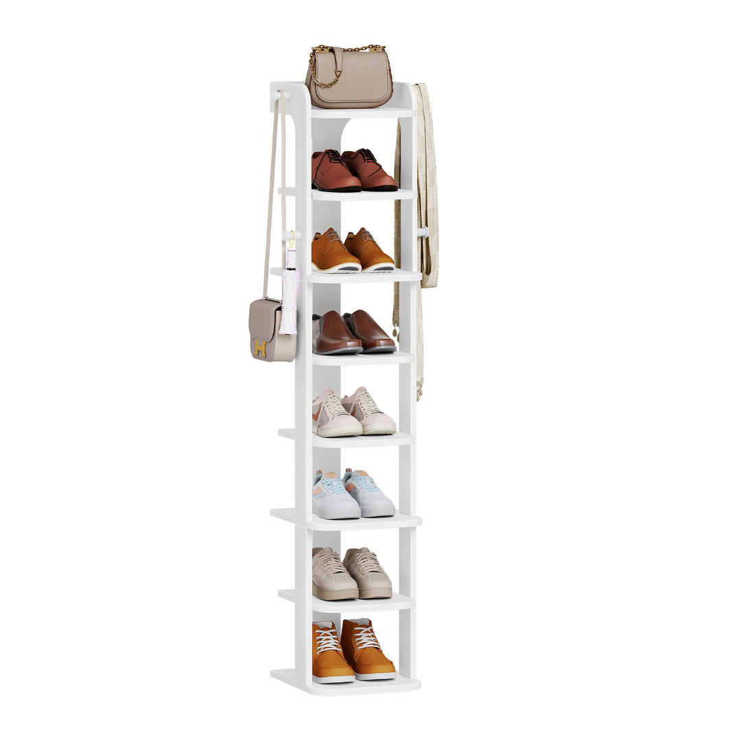 Hzuaneri Schuhregal, Schmales Schuhablage mit 8 Ebenen, Holz-Schuh-Organizer mit Haken, Verstellbar,