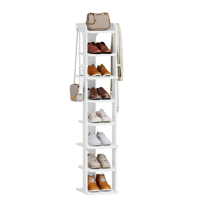 Hzuaneri Schuhregal, Schmales Schuhablage mit 8 Ebenen, Holz-Schuh-Organizer mit Haken, Verstellbar,
