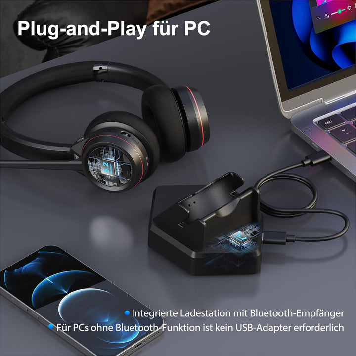 Bluetooth Headset mit Mikrofon Noise Canceling, Wireless Headset mit Ladestation &amp; USB Dongle für PC