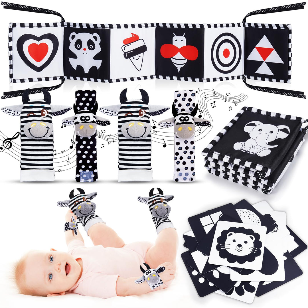 Kontrastbuch Baby Schwarz Weiss Spielzeug, Kontrastkarten Baby Spielzeug 0-12 Monate Rasselsocken Ba