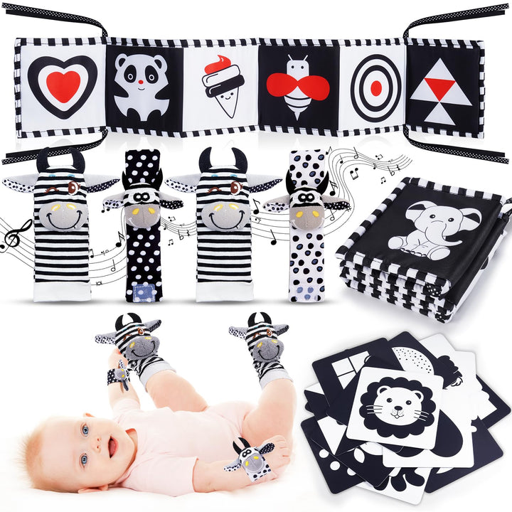 Kontrastbuch Baby Schwarz Weiss Spielzeug, Kontrastkarten Baby Spielzeug 0-12 Monate Rasselsocken Ba