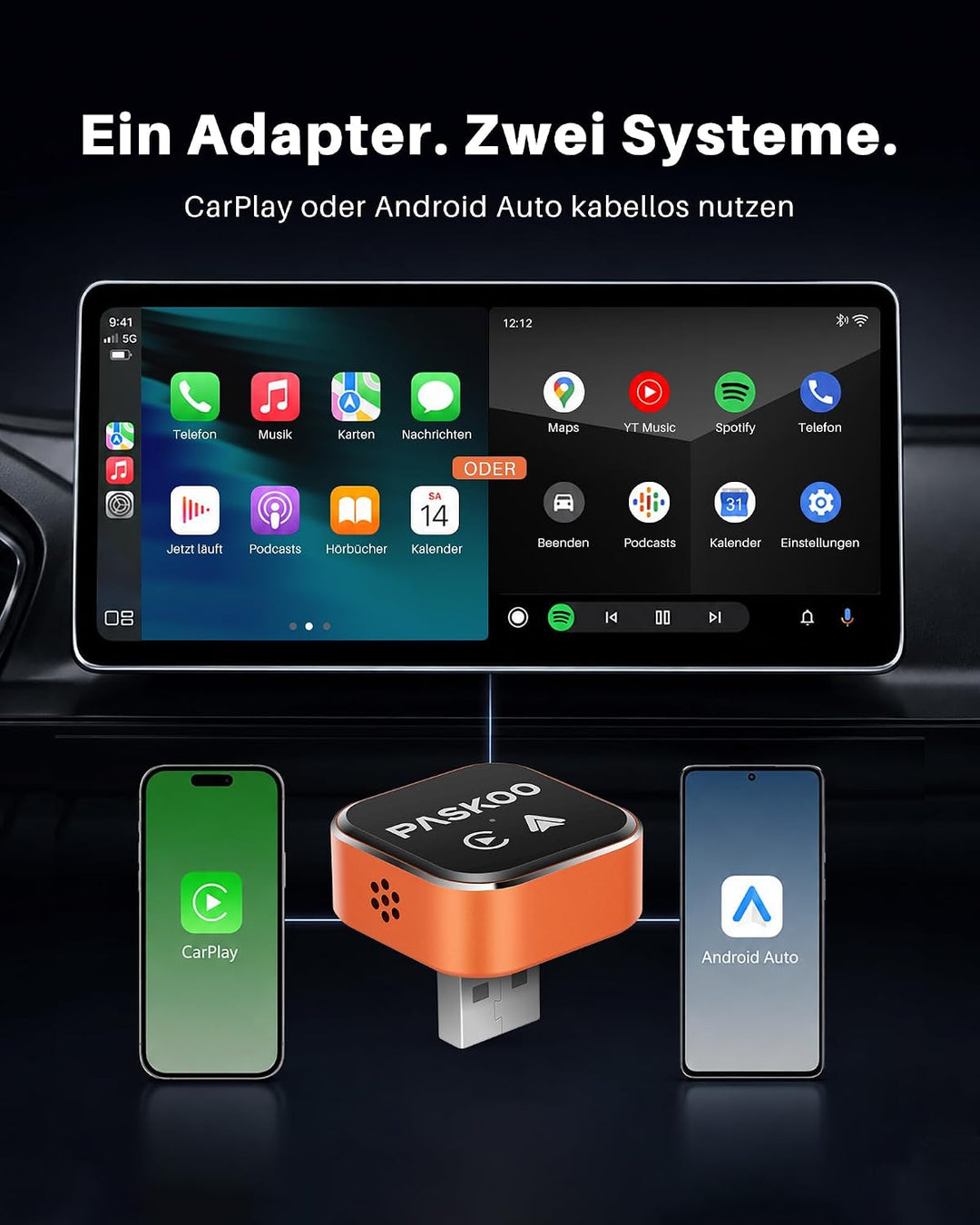 PASKOO 2-in-1 Wireless CarPlay &amp; Android Auto Adapter, USB-A + USB-C 2-in-1 Adapter, 2-in-1 Adapter
