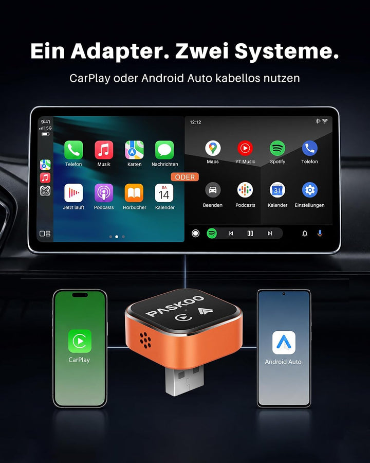 PASKOO 2-in-1 Wireless CarPlay &amp; Android Auto Adapter, USB-A + USB-C 2-in-1 Adapter, 2-in-1 Adapter
