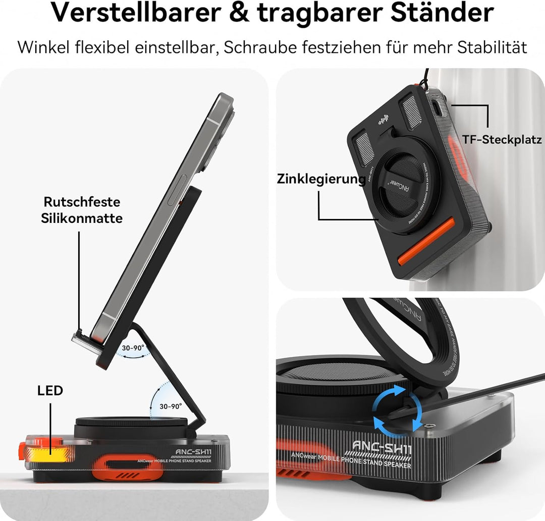 ANCwear Smartphone-Halter mit Bluetooth-Lautsprecher, 5W Klarer Sound, TF-Karte (microSD) für Musik