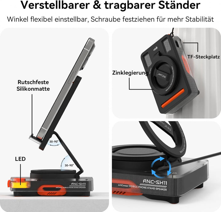 ANCwear Smartphone-Halter mit Bluetooth-Lautsprecher, 5W Klarer Sound, TF-Karte (microSD) für Musik