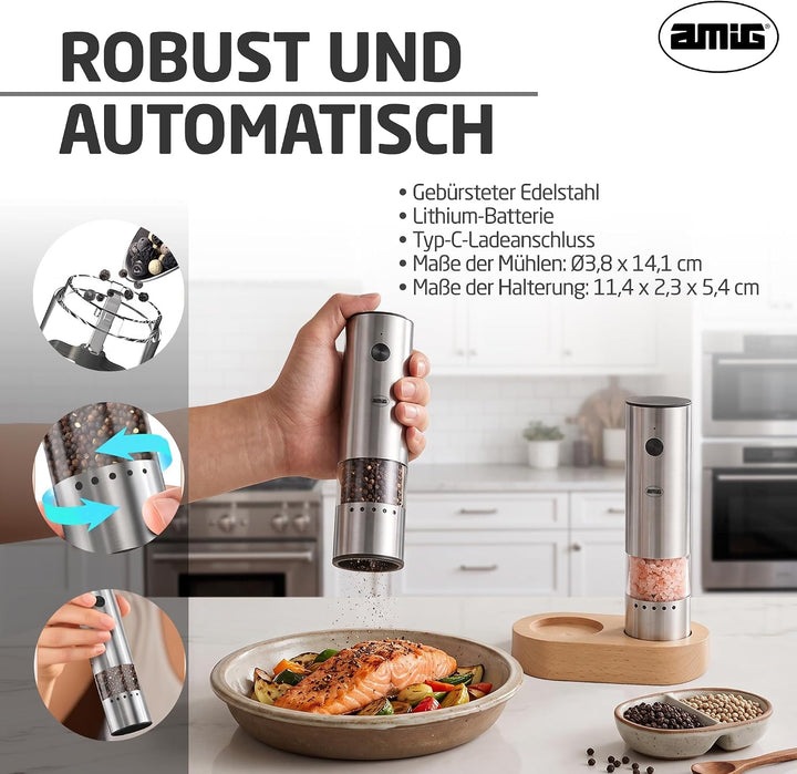 Amig Set von wiederaufladbaren USB-C Salz- und Pfeffermühlen Mini, Mini