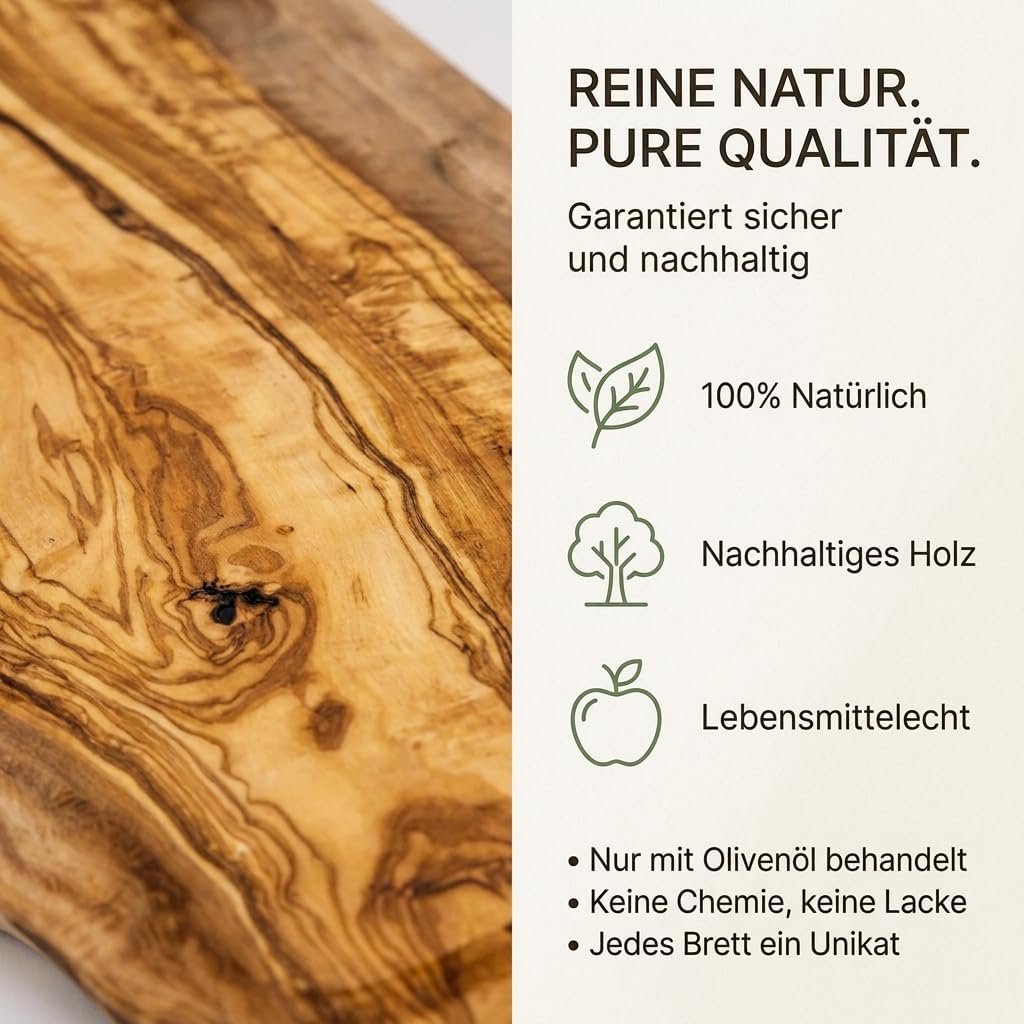 Schneidebrett personalisiert, Olivenholz - Rustikales Holzbrett mit Gravur und umlaufender Saftrille