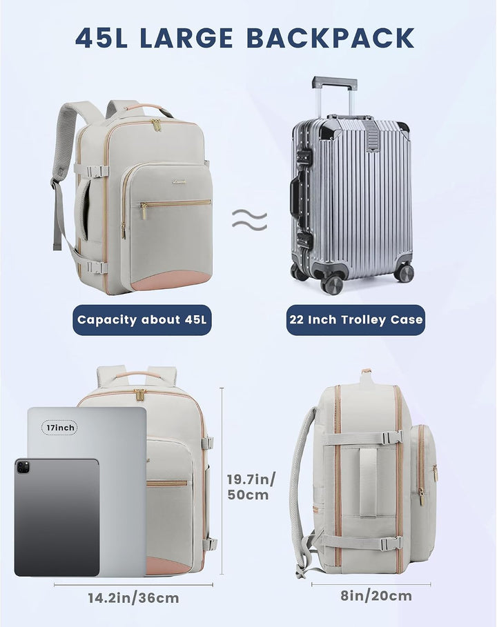 LOVEVOOK Handgepäck Rucksack Flugzeug, 45L Gross Reiserucksack Damen Kofferrucksack, Wasserdicht Rei