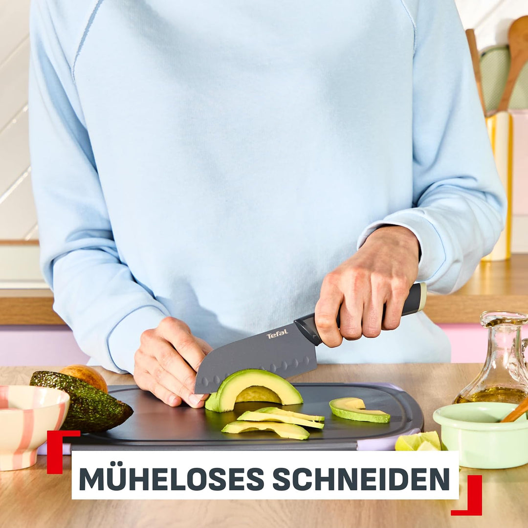 Tefal Slicy 3-tlg. Messer-Set, Soft Touch Griff, Schwarz/Pastellfarben Santokumesser + Universalmess