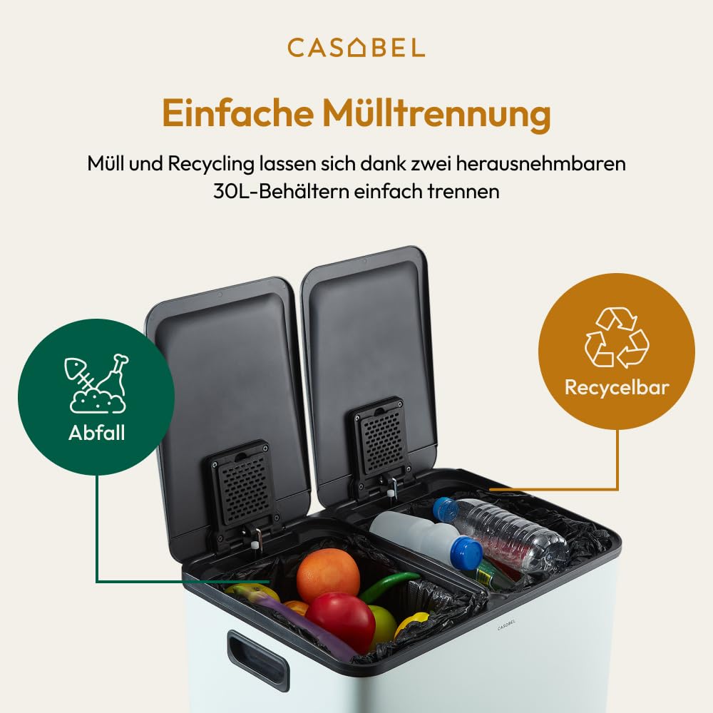 CASABEL Mülleimer Küche Mülltrennung 60L – 2x30L Doppelkammer mit Pedal, Edelstahl Mintgrün, Abfalle