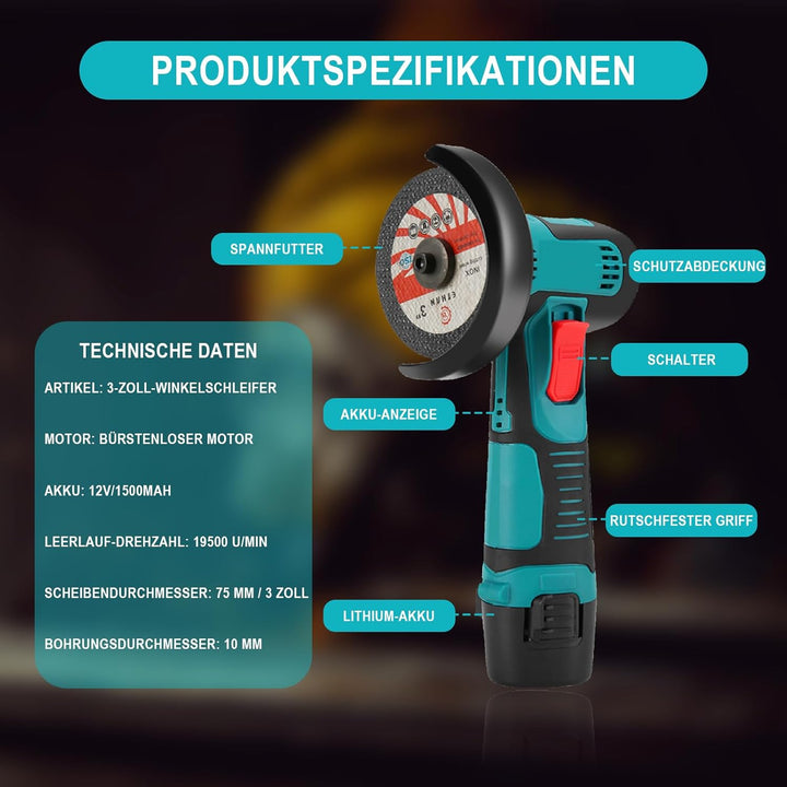 Mini Akku Winkelschleifer, 3 Zoll Professional Akku Winkelschleifer Set 12V