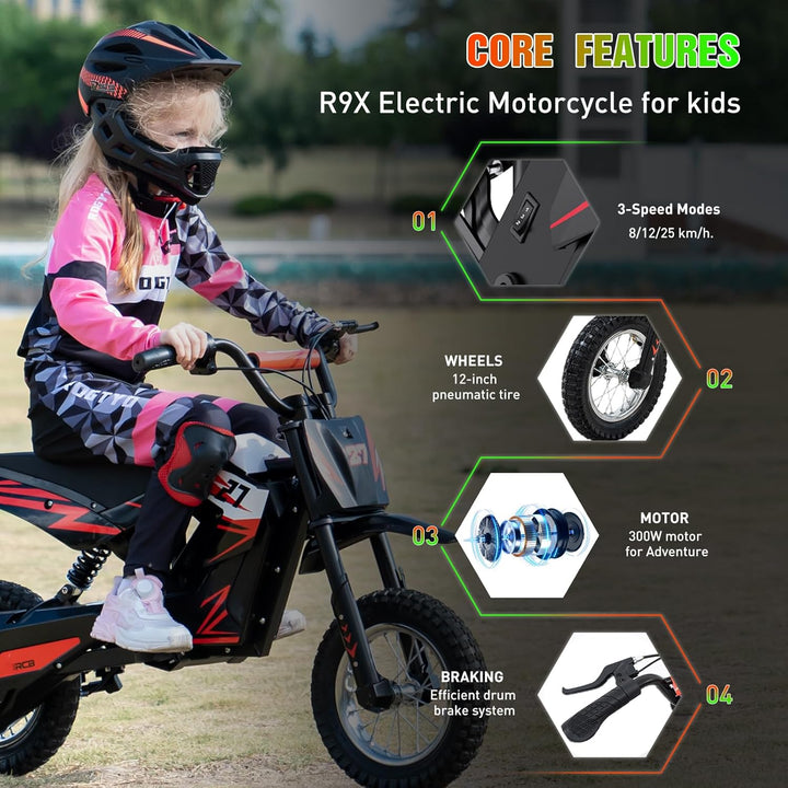 RCB TECH R9X Elektro Motorrad Kinder, Elektromotorrad mit 3 Geschwindigkeitsmodus, Max 25km/h, 36V/5