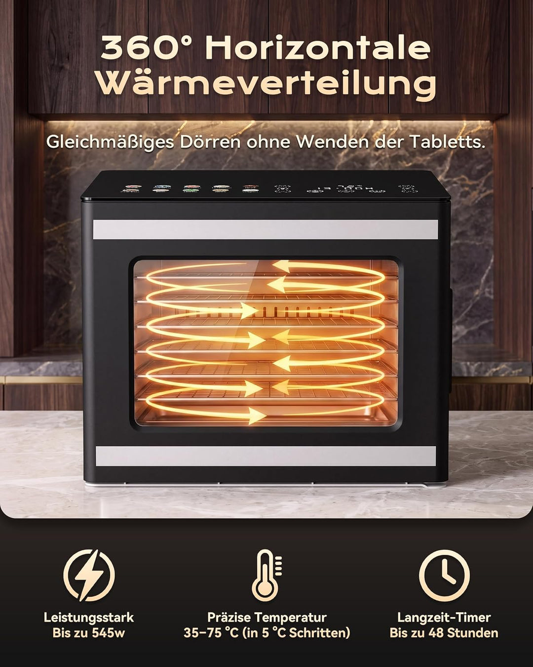 TRIUMPHKEY Dörrautomat mit 6 Edelstahl-Dörrtabletts, Dörrgerät für Obst, Gemüse, Fleisch, Pilze, Krä