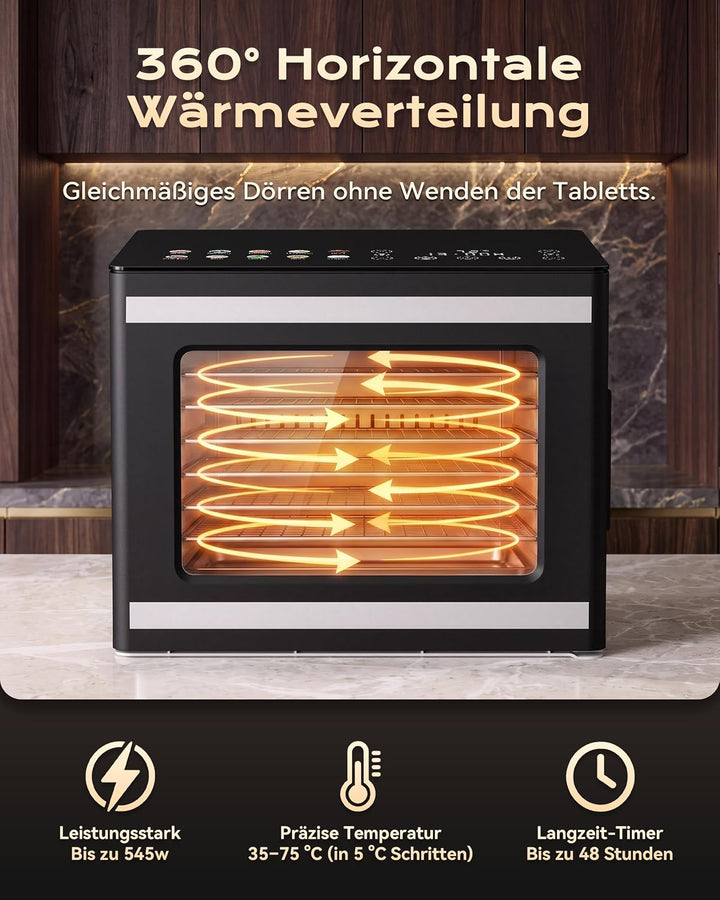 TRIUMPHKEY Dörrautomat mit 6 Edelstahl-Dörrtabletts, Dörrgerät für Obst, Gemüse, Fleisch, Pilze, Krä