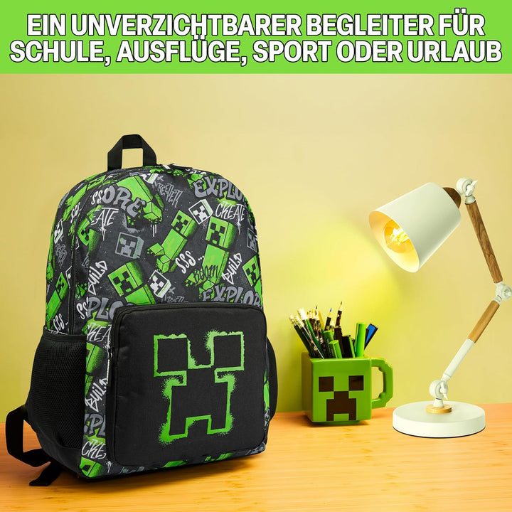 Minecraft Rucksack Kinder Jungen Kinderrucksack Creeper Freizeitrucksack mit Reissverschluss-Fächern