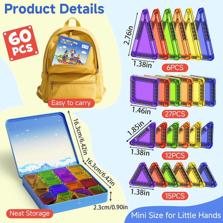 Magnetische Bausteine für Kinder 60pcs Magnetbausteine STEM Magnetische Tiles mit tragbarer Stahlbox