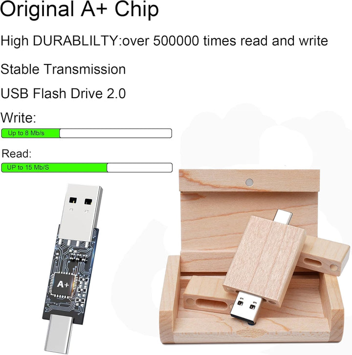 Maple Wood Box USB C Flash Drive 64GB 1 Stück, OTG USB C Pen Drive, USB 2.0 und USB C Flash Drive, T
