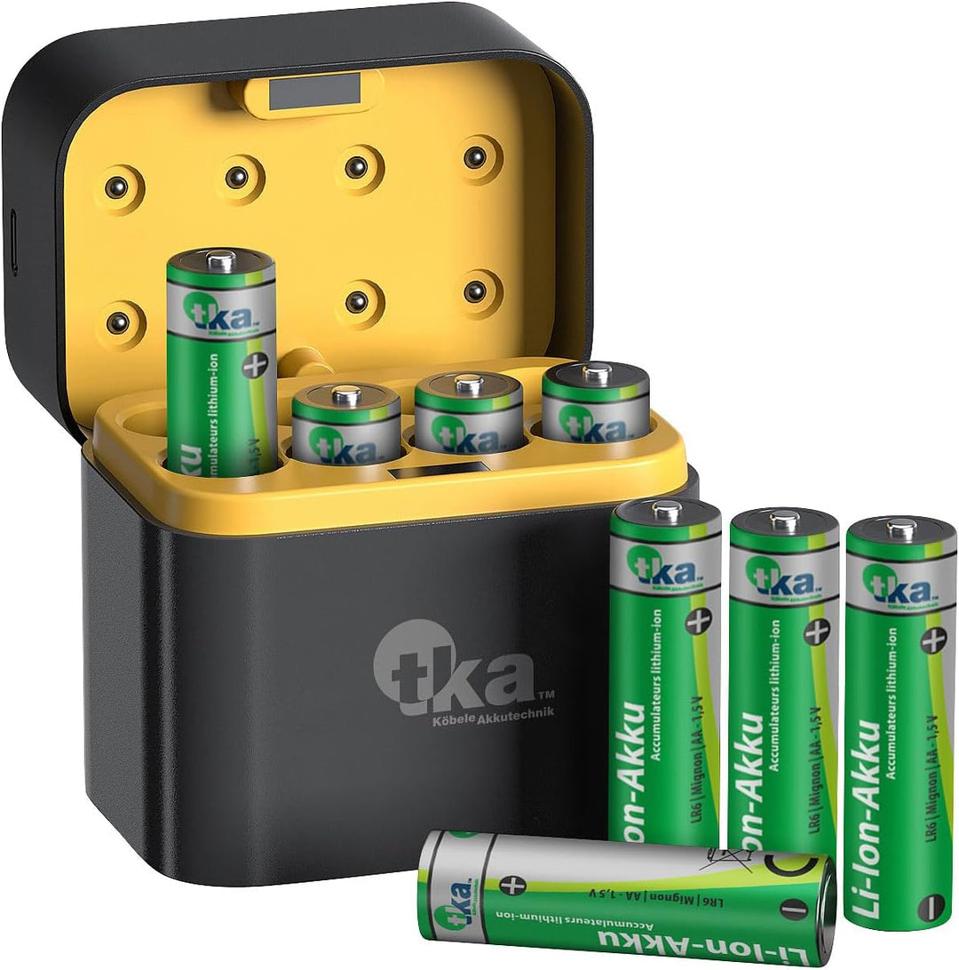 tka Köbele Akkutechnik AA Akku mit Ladegerät: 32er-Set Li-Ion-Akkus Typ AA, 4 USB-C-Ladeboxen, 3600