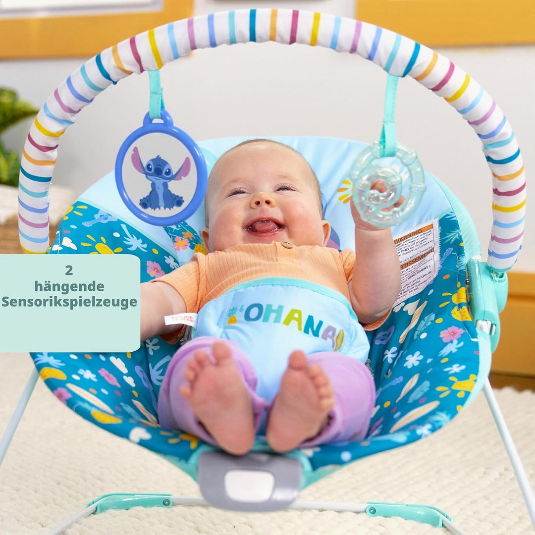 Bright Starts Disney Stitch Ohana Paradise Vibrierende Baby-Wippe, Abnehmbarer Spielbogen, 2 Spielze