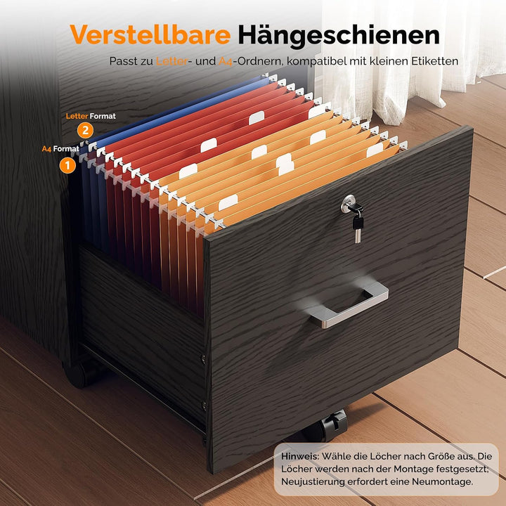 Bonnlo mobiler Aktenschrank 2 Schubladen für Büro,Homeoffice, schwarz,Holz, Schwarz