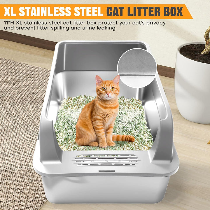 Homegroove 2er Set Edelstahl Katzenklo, 58 x 38 x 28 cm XL Metall Toilette für grosse Katzen mit Dec