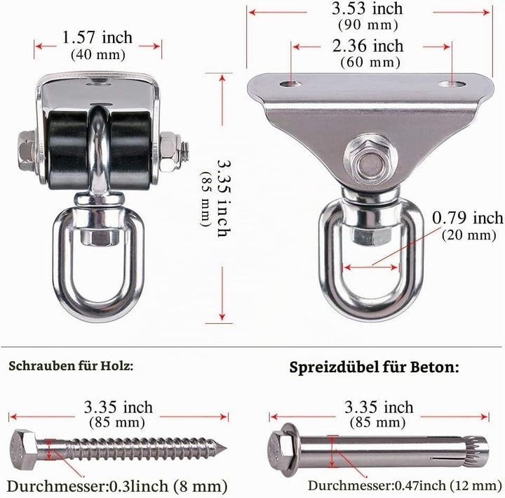 BeneLabel Deckenhaken Schaukel 2 Turnringe Balkenanker mit Silentbuchse Silber-silentbuchse-2er, Sil