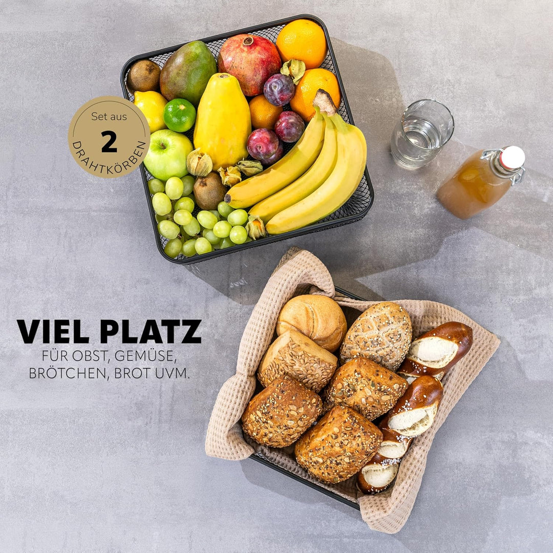 eluno Obstkorb, Brotkorb 2er Set, moderne eckige Obstschalen, Drahtkörbe in zwei Grössen, ideal geei