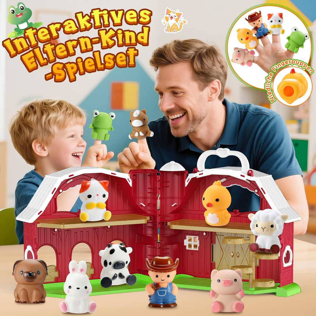 HappyKidsClub Montessori Bauernhof Spielzeug ab 1-4 Jahre, Aufklappbare Scheune Spielhaus für Kleink