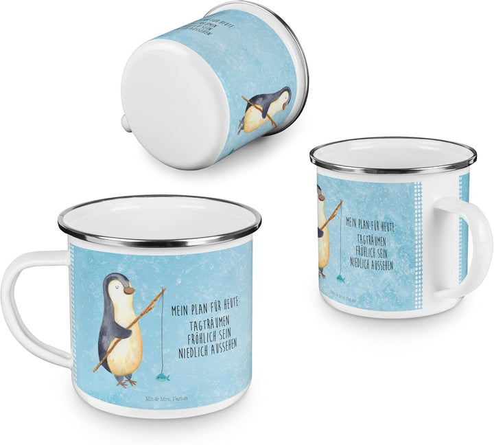 Mr. &amp; Mrs. Panda Camping Emaille Tasse Pinguin Angler - Geschenk, Angelurlaub, Hobby, Camping Tassen