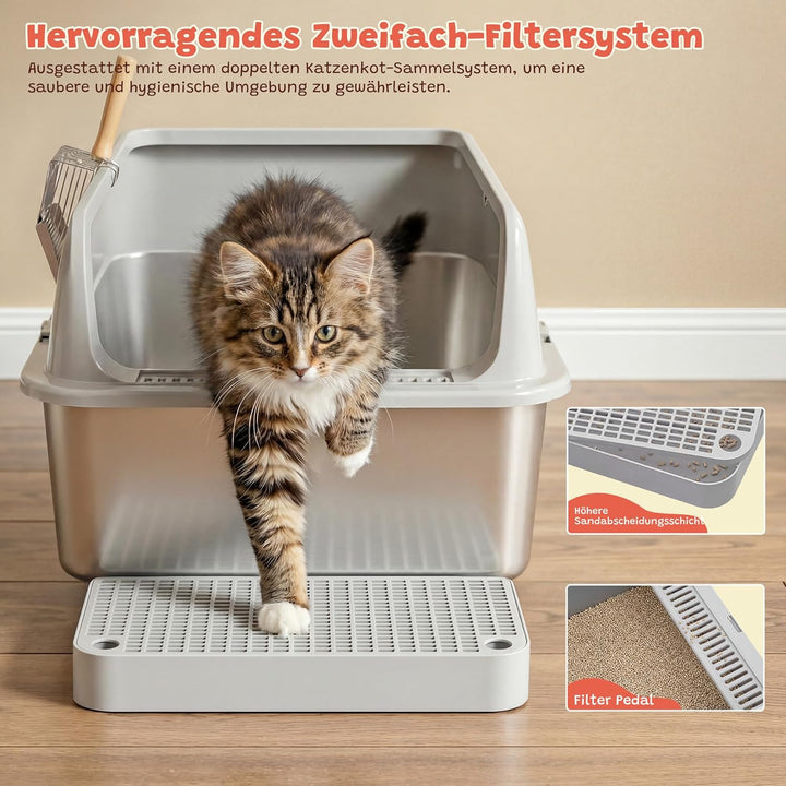 Katzenklo Edelstahl, Katzentoilette Gross XXL mit Metall Schaufel, 50L Katzenklo mit Abnehmbares Hoh