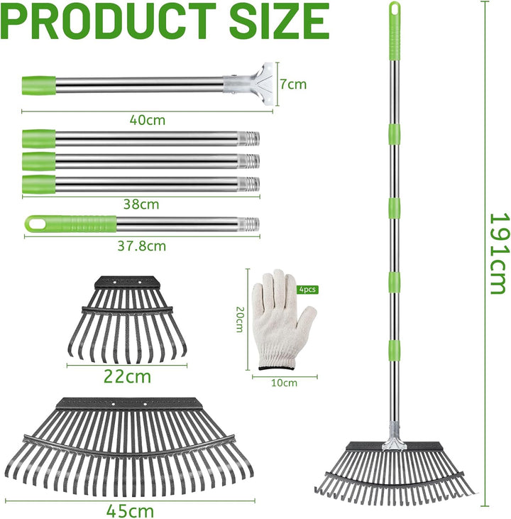 DBREAKS Gartenrechen Verstellbar 191cm 25+11 Zinken mit Handschuhen (Grün), Grün