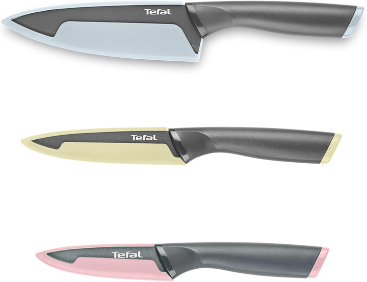 Tefal Slicy 3-tlg. Messer-Set, Soft Touch Griff, Schwarz/Pastellfarben Kochmesser + Universalmesser