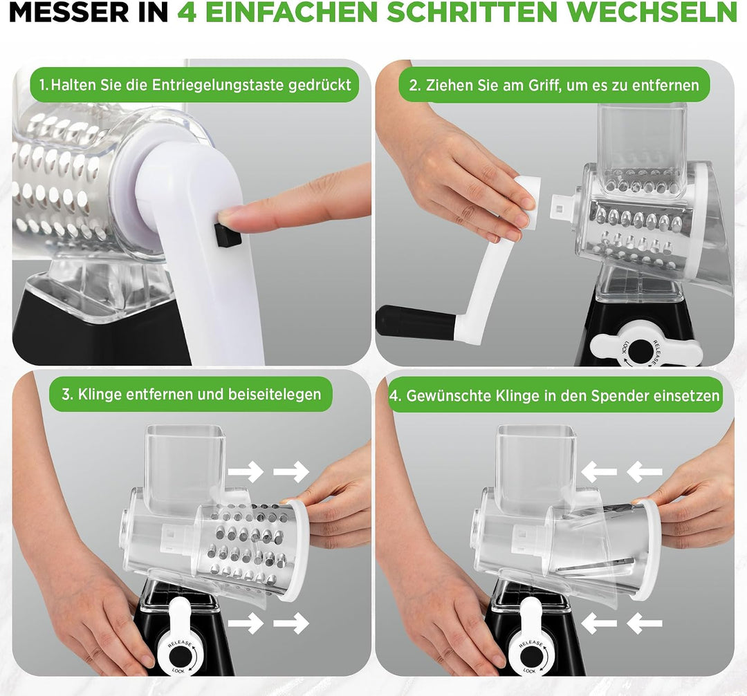 NutriChef Gemüsehobel mit Kurbel, 3 Klingen für Käse &amp; Gemüse – Schwarz, Schwarz