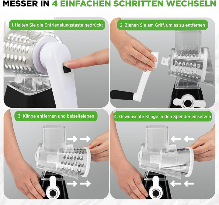 NutriChef Gemüsehobel mit Kurbel, 3 Klingen für Käse &amp; Gemüse – Schwarz, Schwarz
