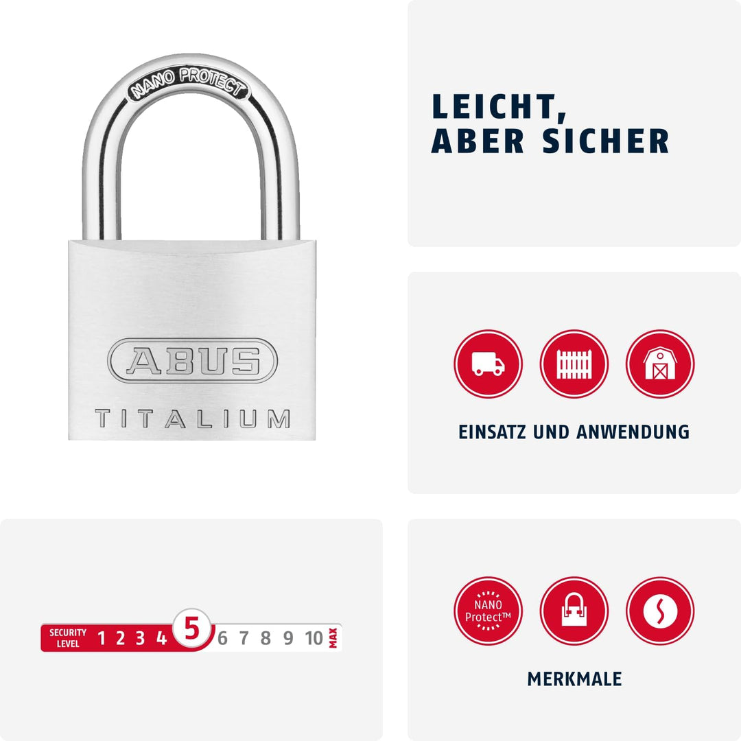 ABUS Vorhängeschloss Titalium 64TI/40 - Kellerschloss mit Schlosskörper aus Spezial-Aluminium - gehä