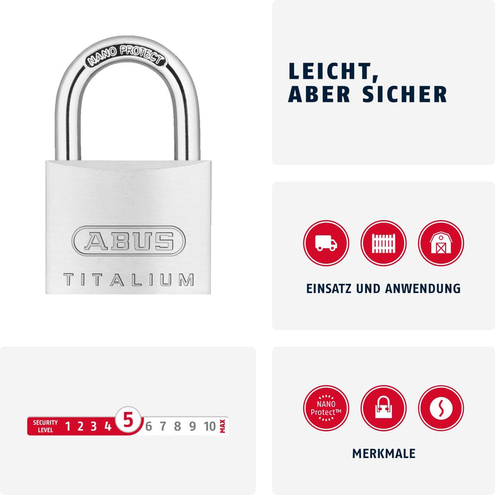 ABUS Vorhängeschloss Titalium 64TI/40 - Kellerschloss mit Schlosskörper aus Spezial-Aluminium - gehä