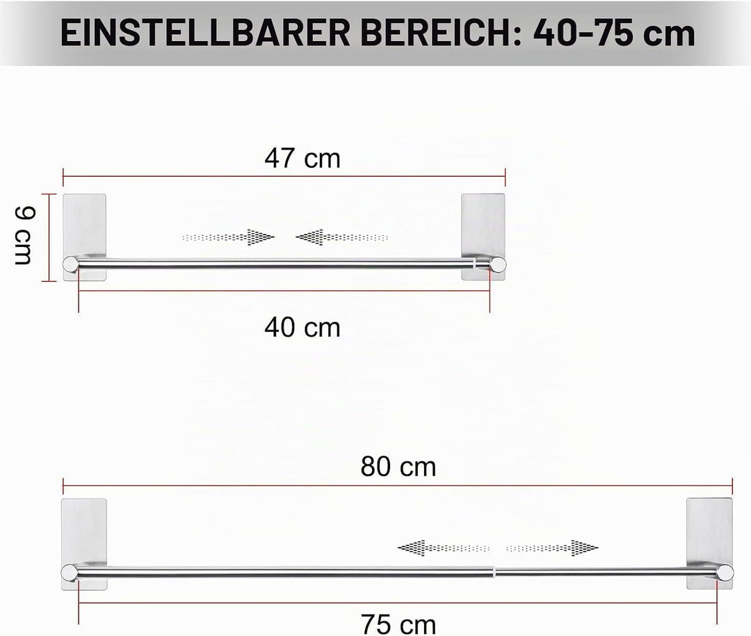 Handtuchhalter Ohne Bohren, Ausziehbar 40-75cm Bad Handtuchstange Selbstklebend Wandmontage, Badetuc